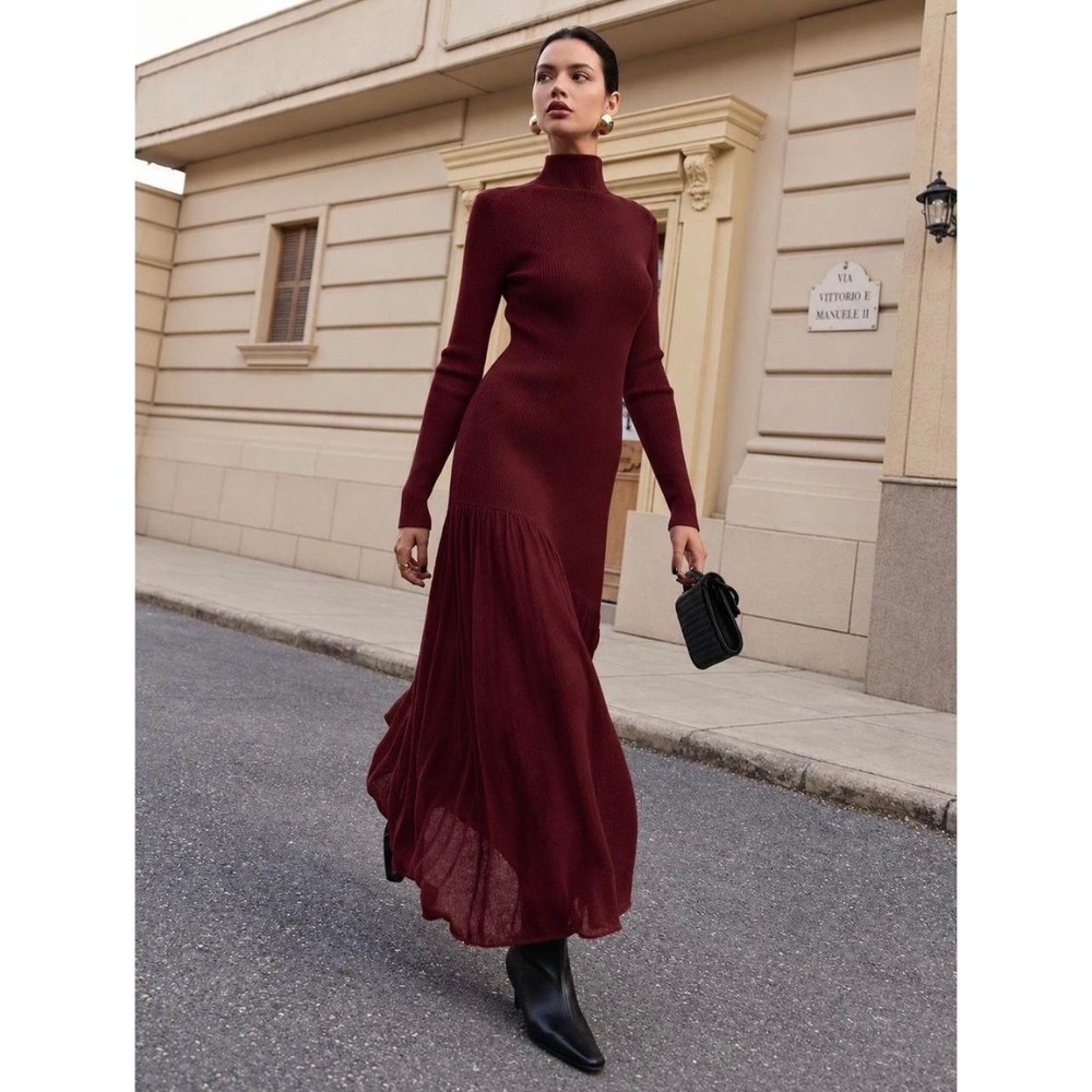 Commense Burgundy Mock Neck Pleated Panel Maxi Sweater Dress Size M